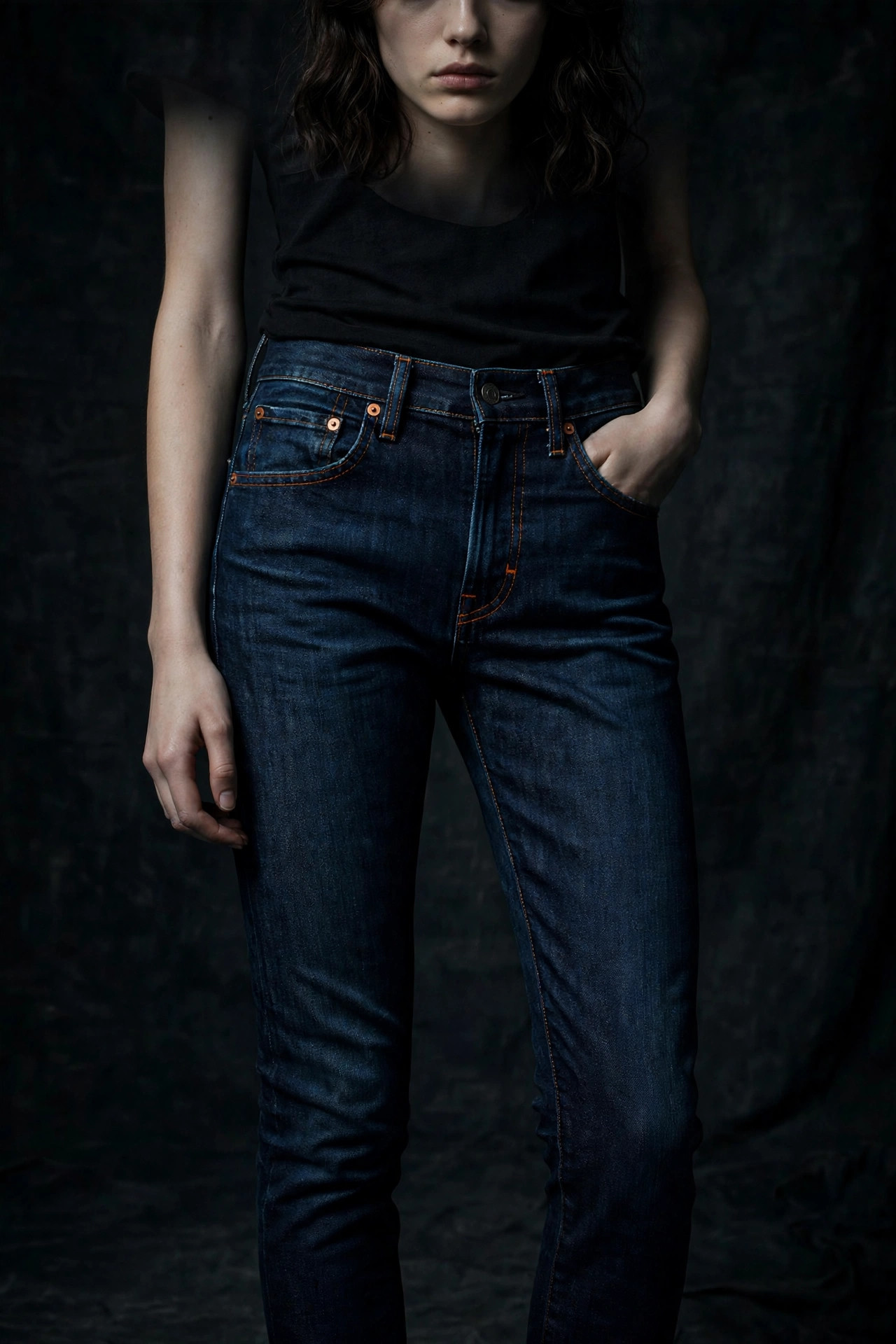 Model wearing MAAS Apparels raw denim slim straight jeans